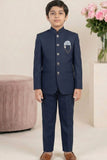 Navy Blue Jodhpuri Suit with Chain Brooch And Pocket Square For Boys