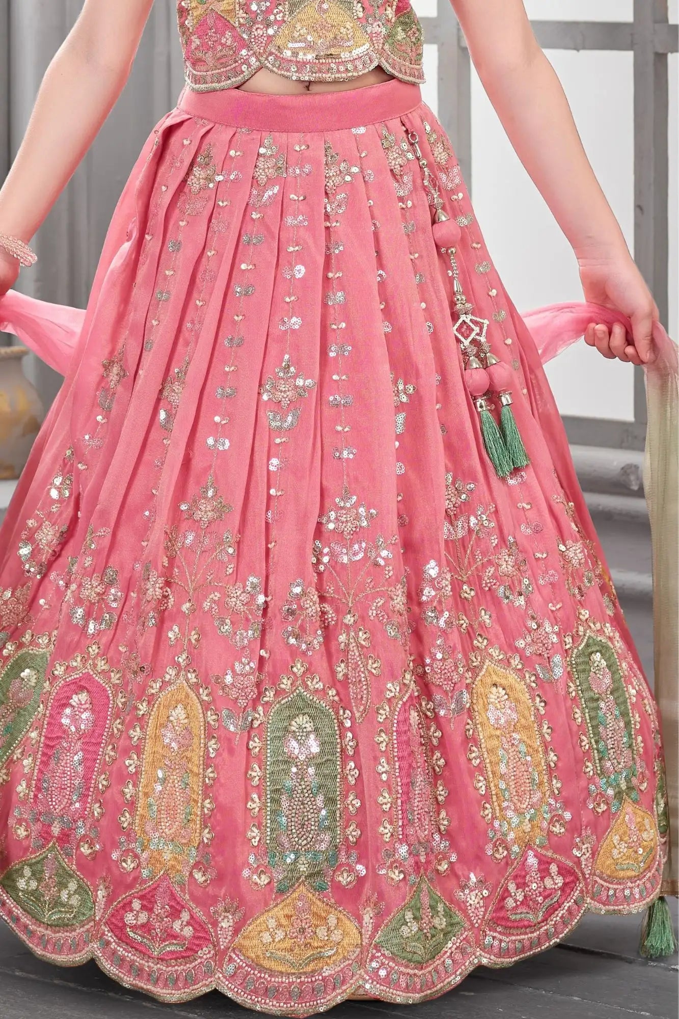 Pink Embroidered Lehenga Choli Set For Girls