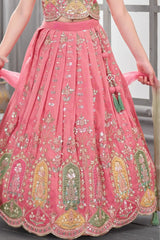 Pink Embroidered Lehenga Choli Set For Girls