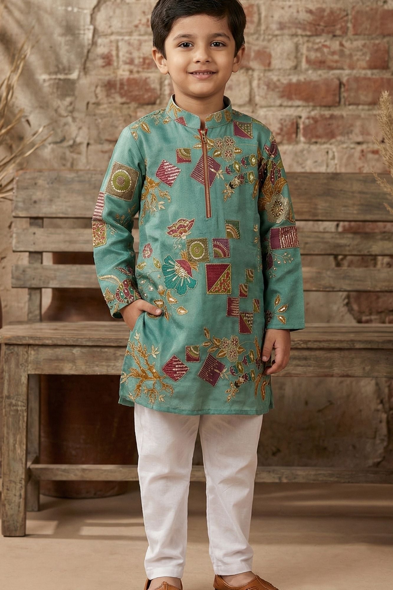 Sea Green Printed Kurta Set with Cream Pyjama For Boys