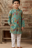 Sea Green Printed Kurta Set with Cream Pyjama For Boys