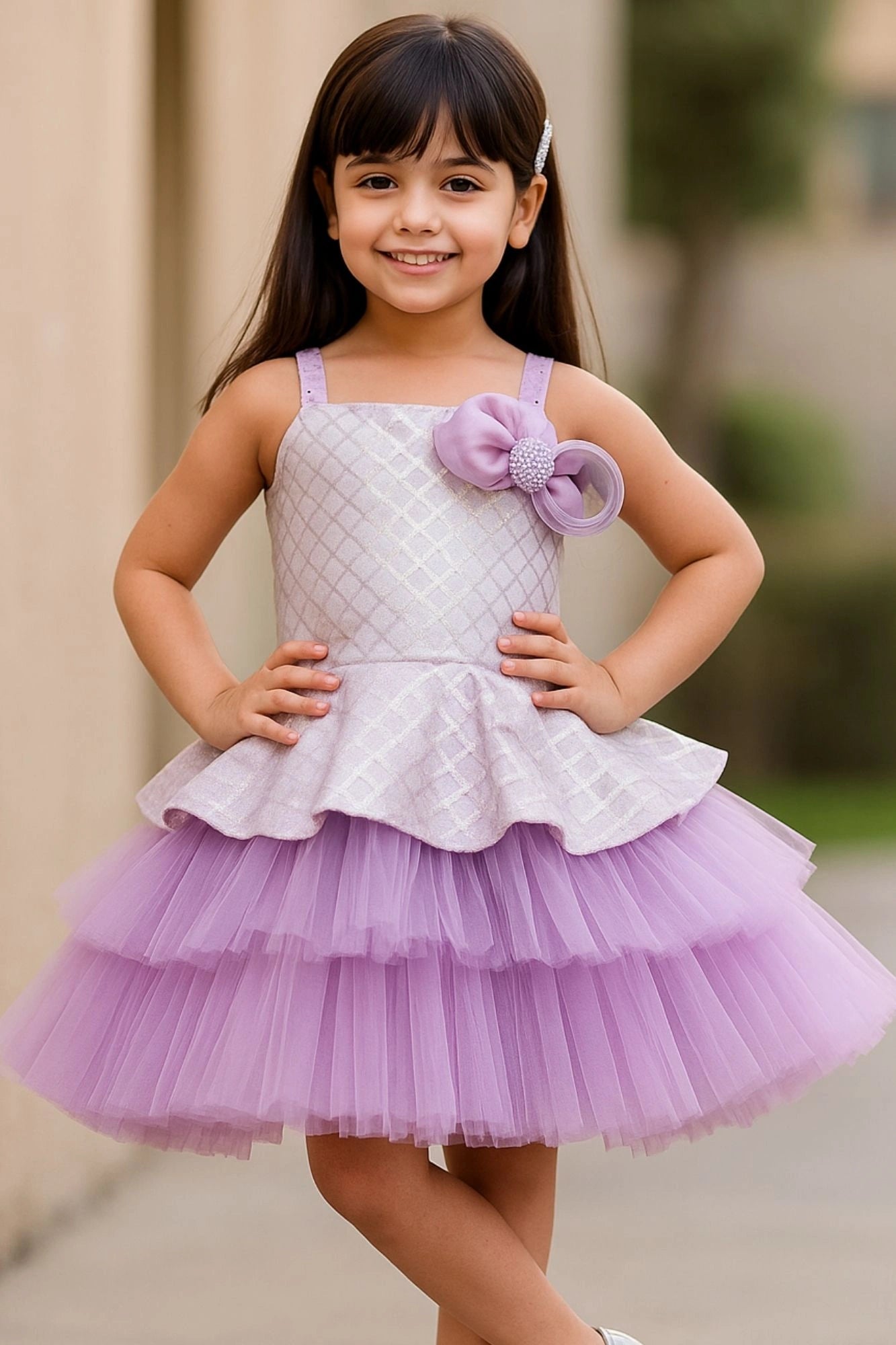 Lavender & White Layered Party Frock with Statement Bow For girls
