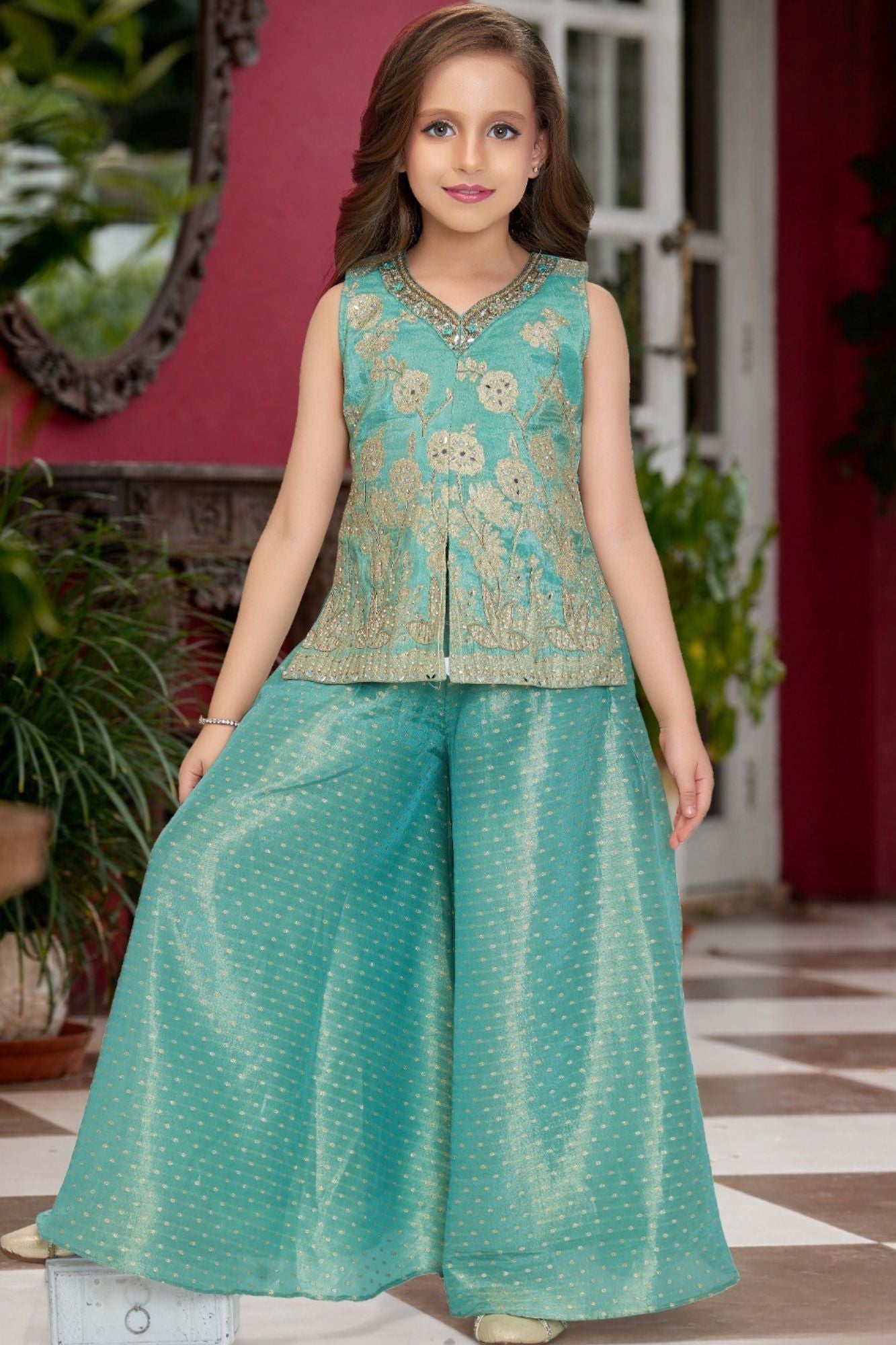 Sea Green Embroidered Top with Flared Palazzo Set For Girls