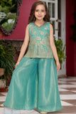Sea Green Embroidered Top with Flared Palazzo Set For Girls