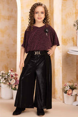 Wine And Black Palazzo With Kimono Top Set For Girls