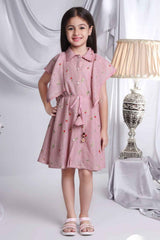 Pink Dress With Floral Embroidered And Flutter Sleeves For Girls