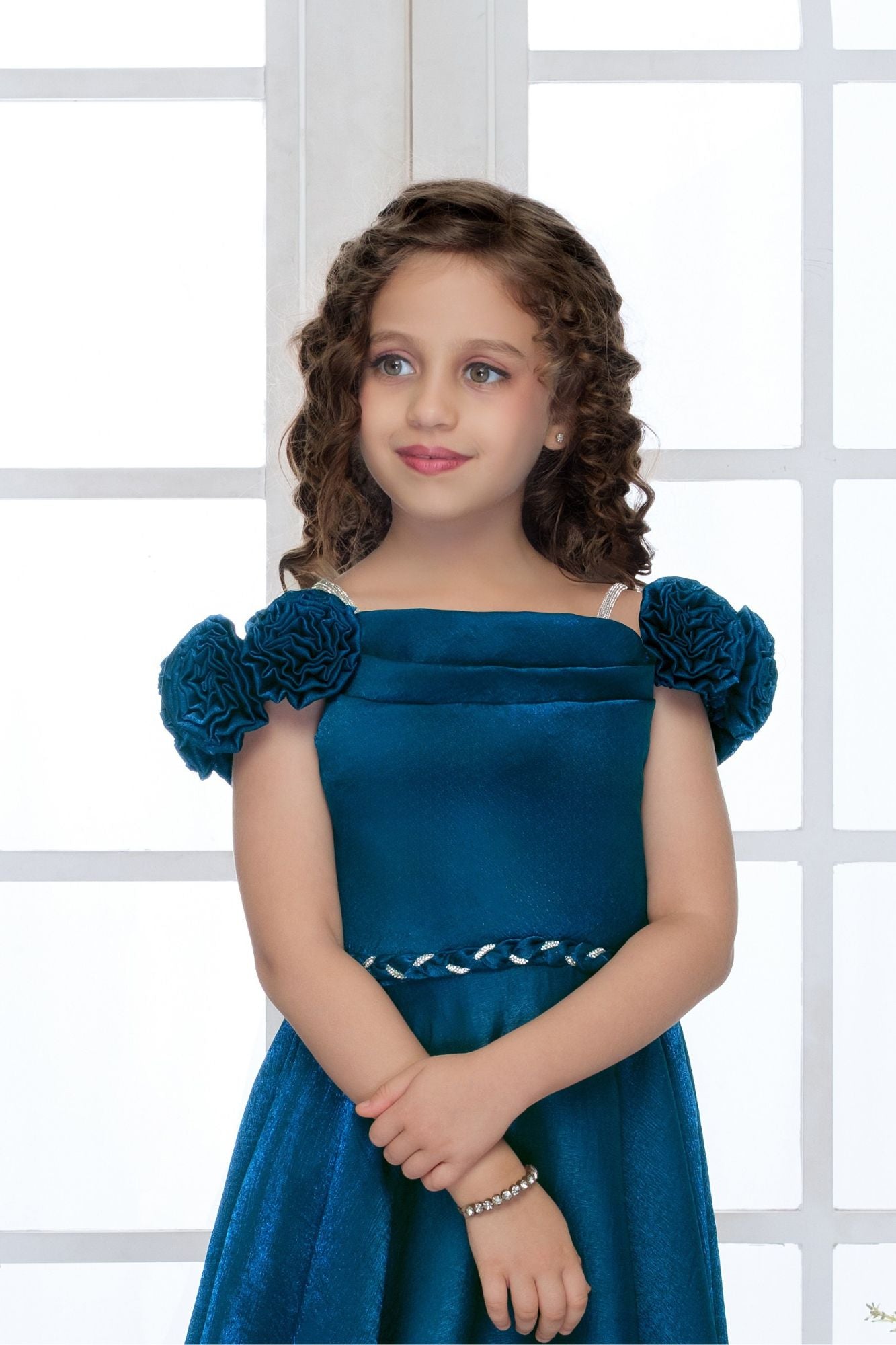 Peacock Blue Embellished Off-Shoulder Party Gown For Girls