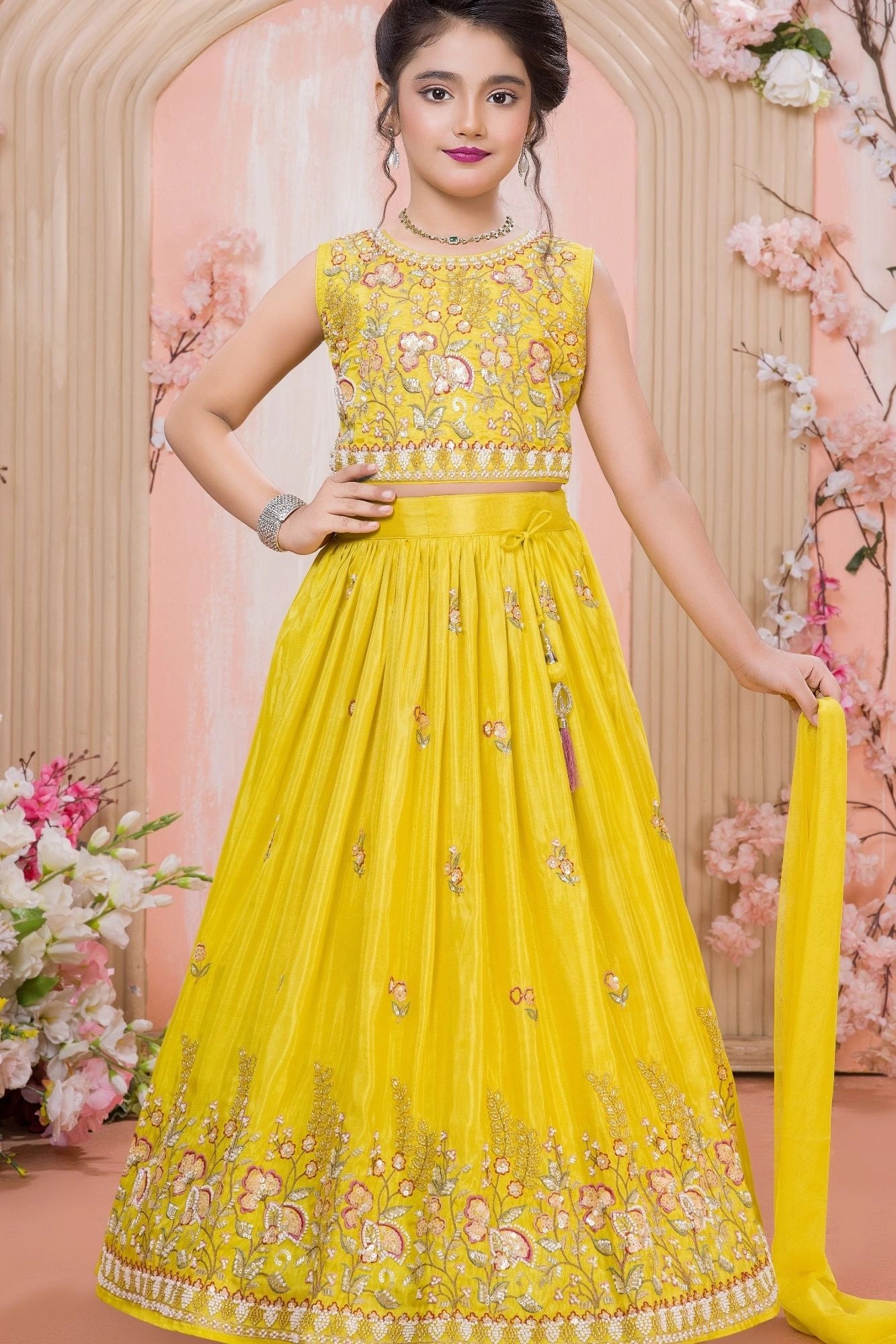 Bright Yellow Sequin Work Embroidered Lehenga Choli Set for Girls