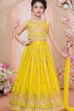 Bright Yellow Sequin Work Embroidered Lehenga Choli Set for Girls
