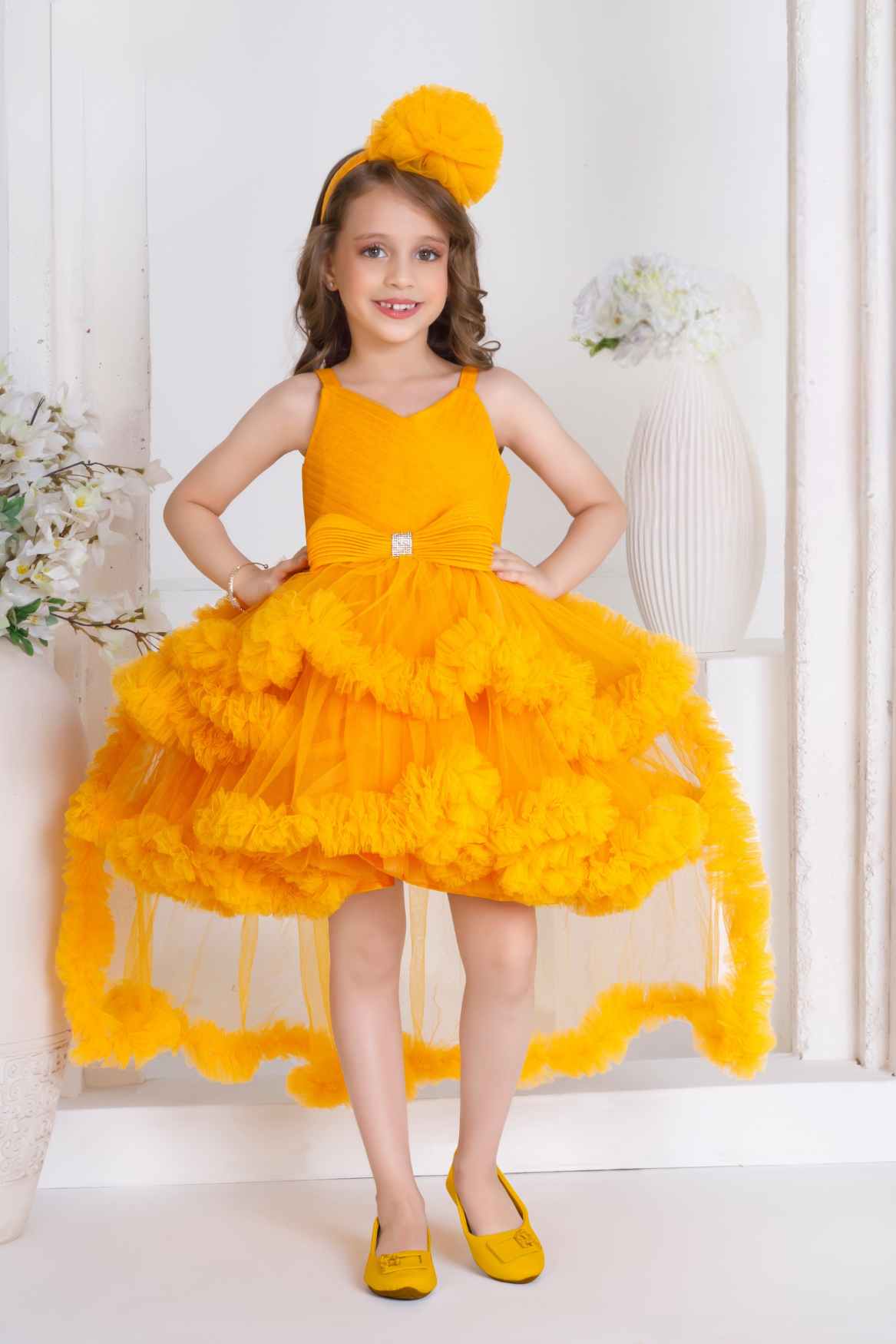 Yellow Ruffle And Layered High-Low Party Tailback Frock for Girls