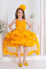Yellow Ruffle And Layered High-Low Party Tailback Frock for Girls