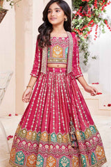 Red Sequin Work And Embroidered Lehenga Choli Set With Overcoat For Girls