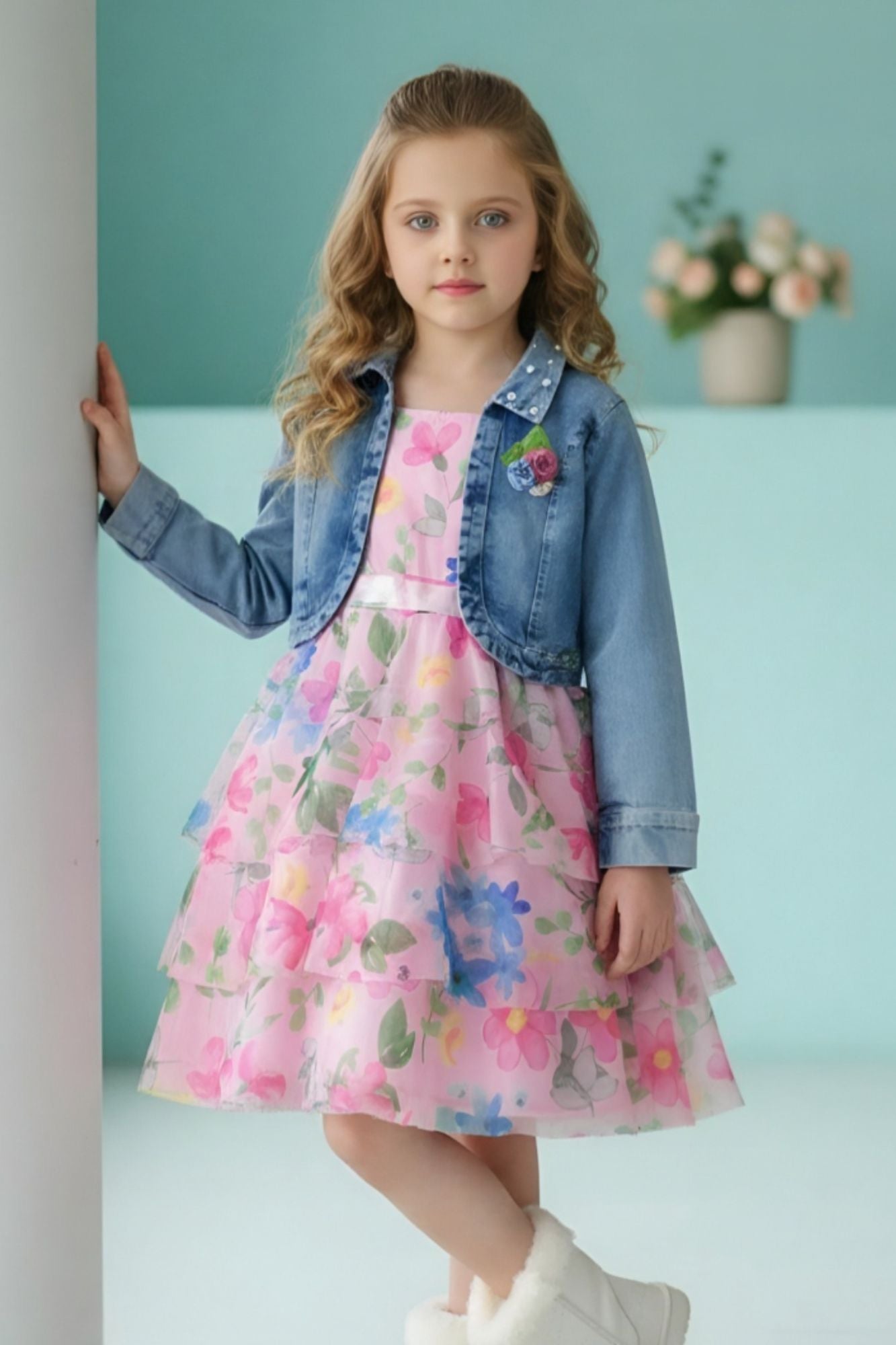 Pink Floral Layered Frock with Denim Jacket For Girls