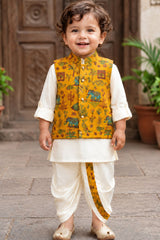 Boys Mustard Yellow Printed Waistcoat Dhoti Kurta Set