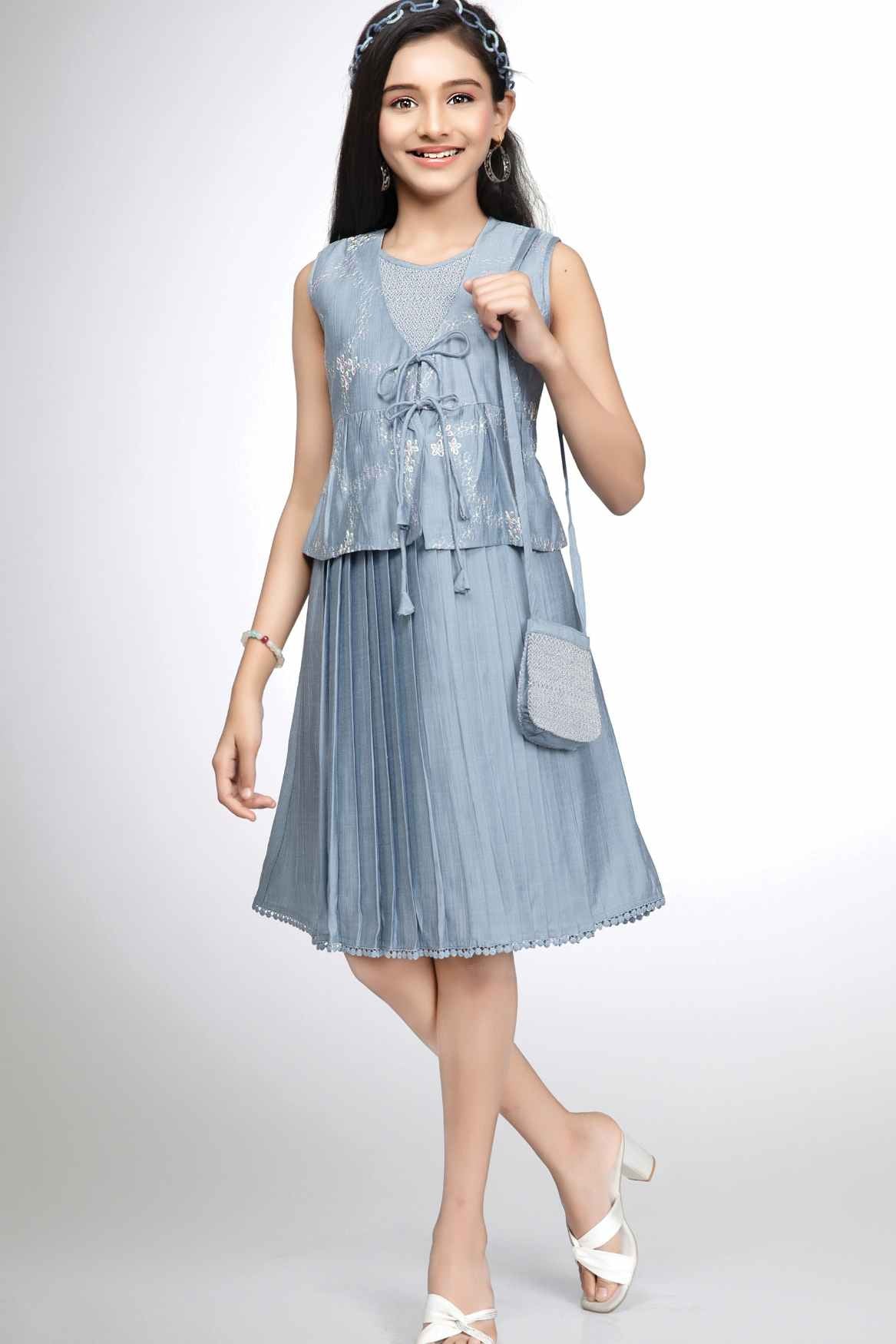 Ice Blue Embroidery Casual Dress For Girls