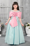 Aqua Blue Sleeveless Gown with Oversized Dusty Pink Bow for Girls