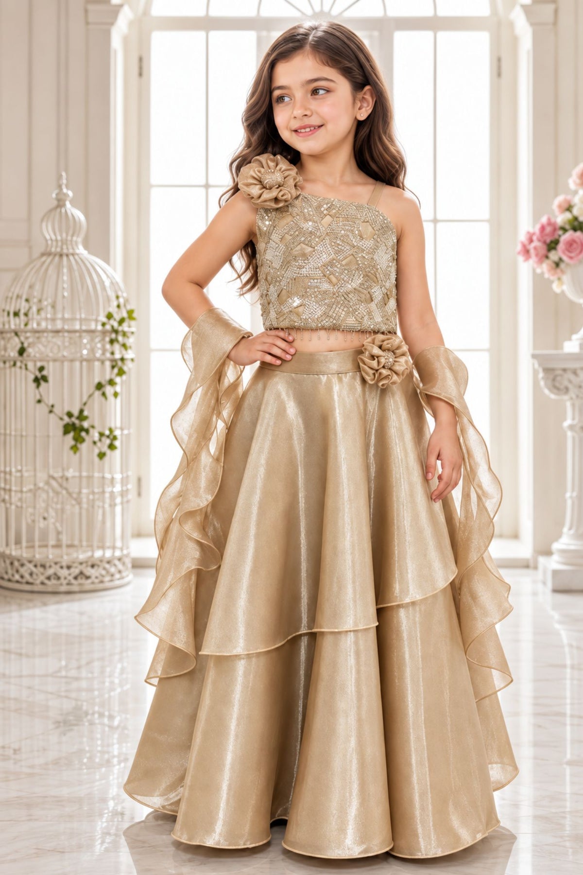 Gold Sequin One-Shoulder Organza Lehenga Set For Girls