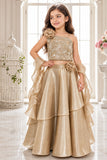 Gold Sequin One-Shoulder Organza Lehenga Set For Girls