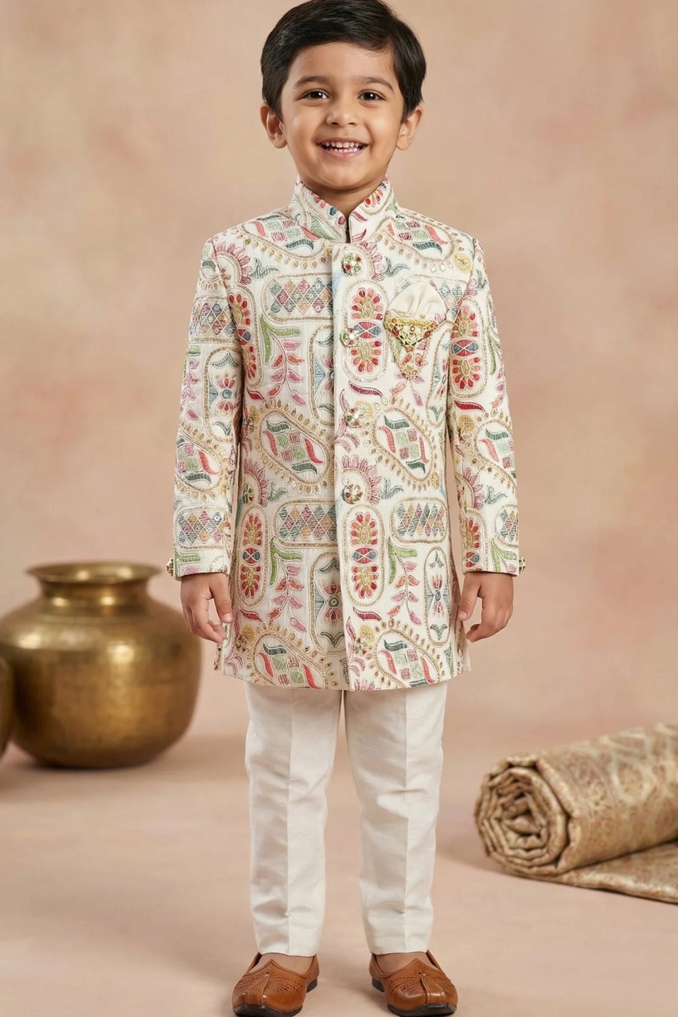 Elegant Boys Cream Jodhpuri Suit With Embroidered Woven Ethnic Motifs