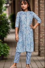 Blue Printed And Stone Work Kurta With Pant Set For Girls