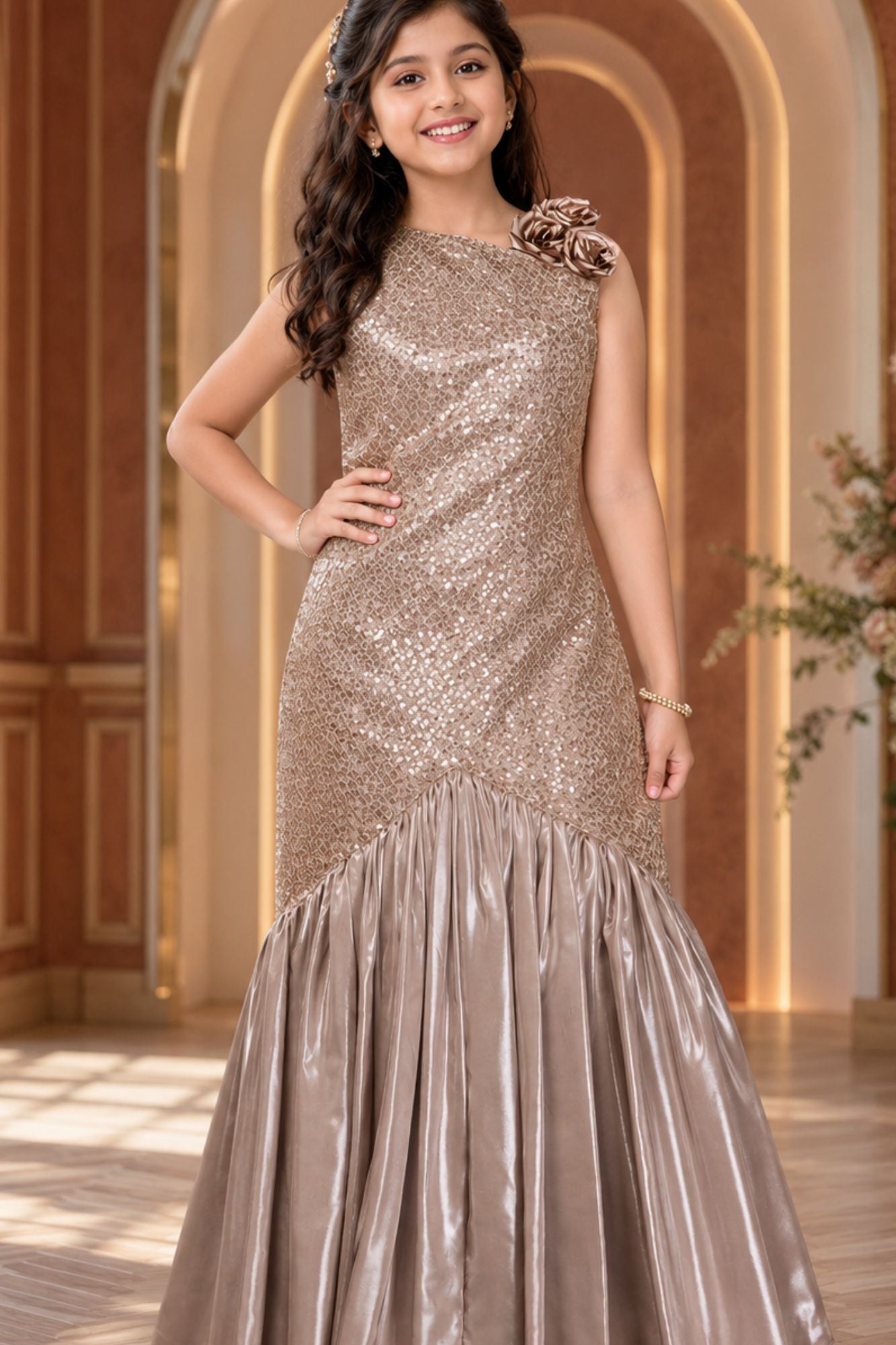 Girls Gold Sequins Embellished Mermaid Gown
