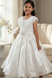 Designer White Embellished Rosette Party Gown For Girls