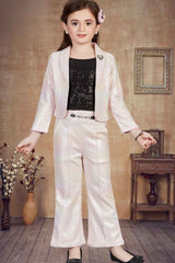 Stylish Peach  Sequins Work Set With Blazer For Girls