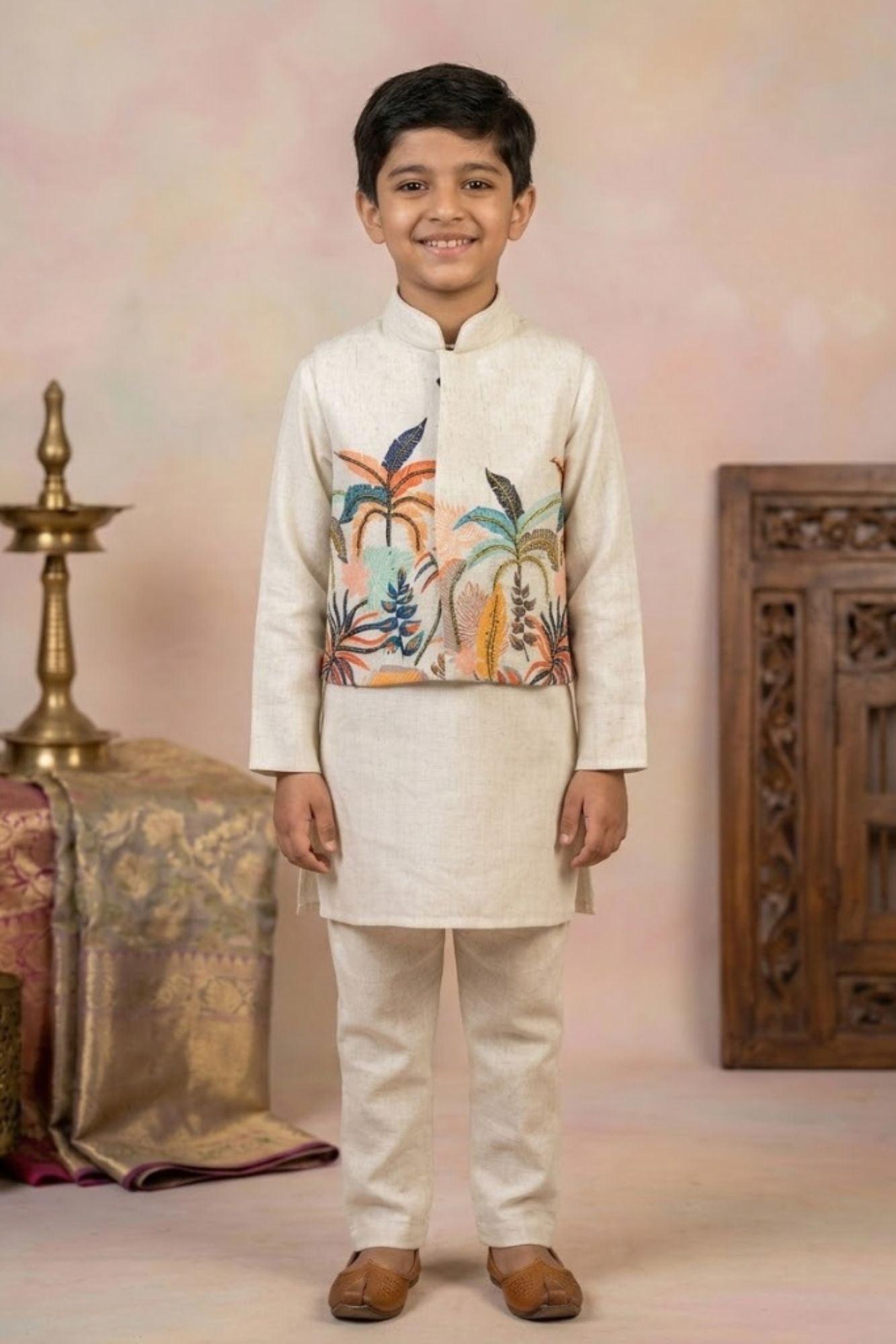 Ivory Kurta Pyjama Set with Tropical Printed Nehru Jacket For Boys