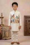 Ivory Kurta Pyjama Set with Tropical Printed Nehru Jacket For Boys