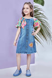 Denim Dress with Multicolor Puff Sleeves and Heart Patch For Girls