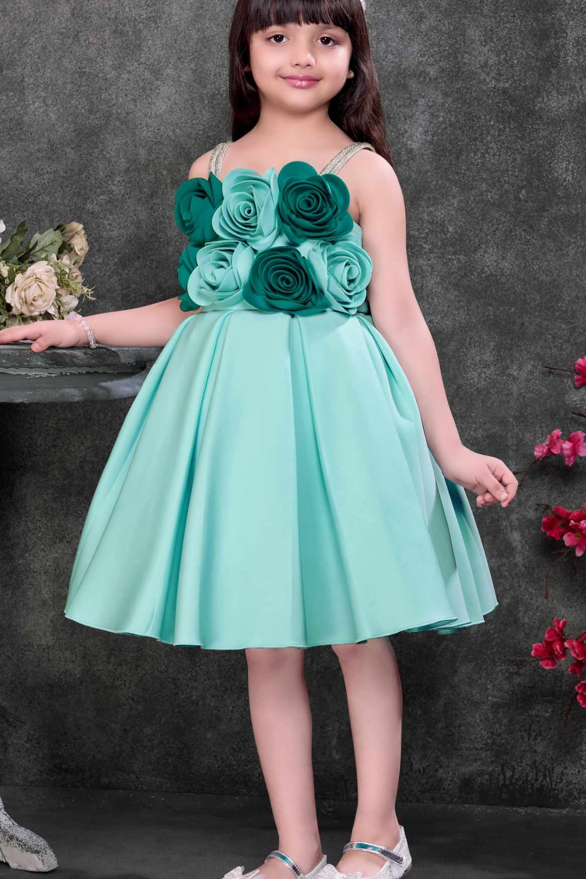 Light Blue Floral Appliqué Party Wear Frock with Pleated Skirt For Girls