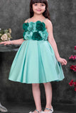 Light Blue Floral Appliqué Party Wear Frock with Pleated Skirt For Girls