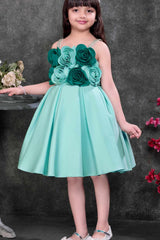 Light Blue Floral Appliqué Party Wear Frock with Pleated Skirt For Girls