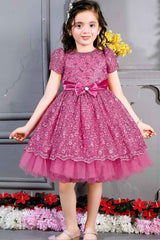 Wine Embroidered Frock With Bow Embellished For Girls