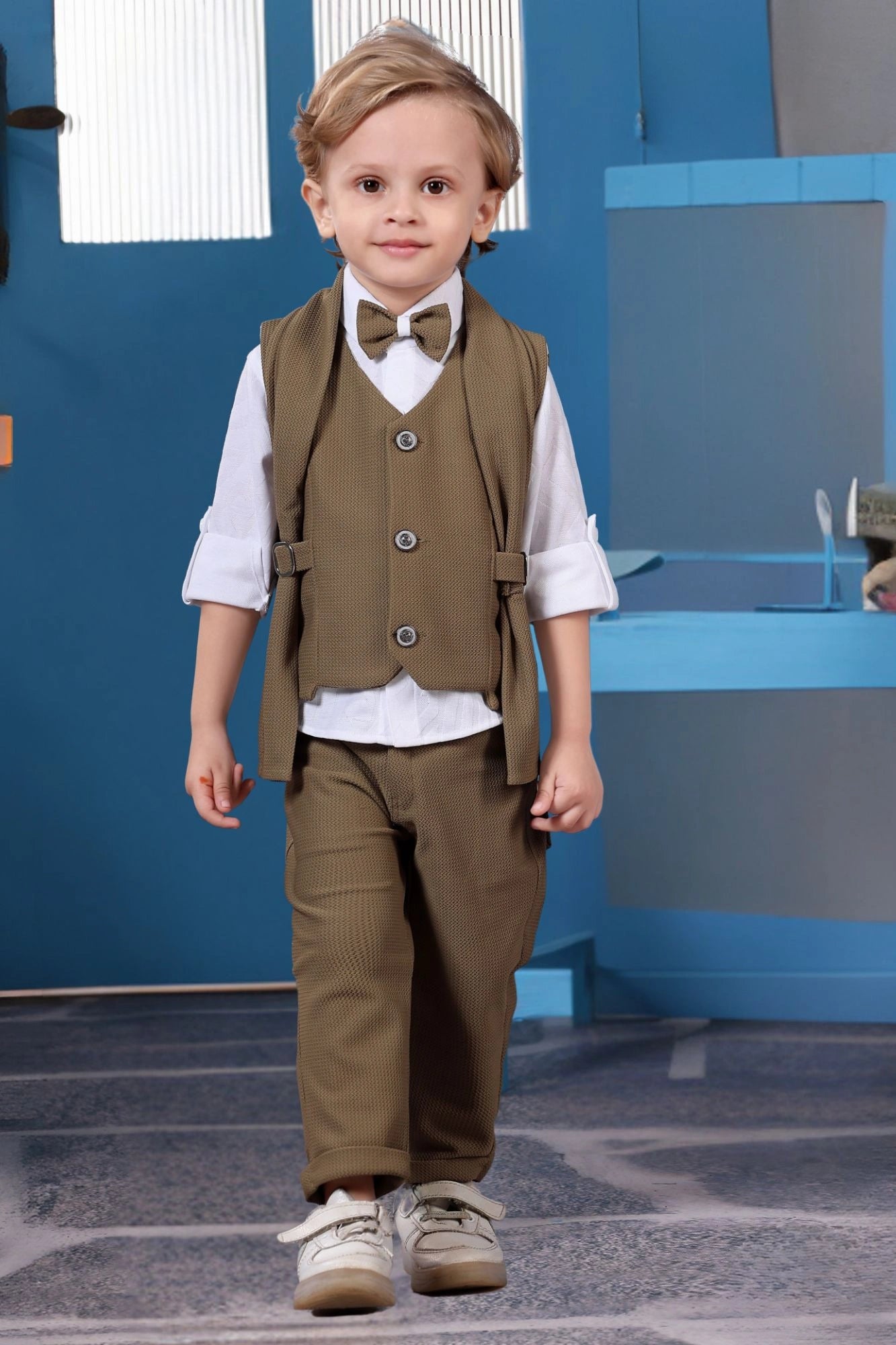 Stylish Brown Waistcoat Suit Set with Bow Tie For Boys