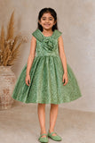 Girls Sage Green Party Wear Frock with 3D Floral Bow And Sequin Detailing
