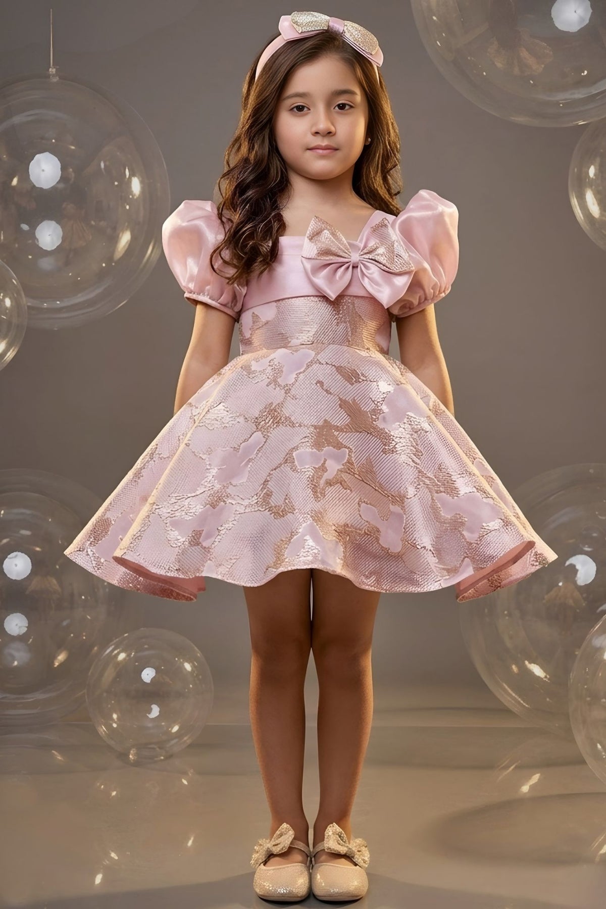 Girls Blush Pink Organza Brocade Party Wear Frock with Bow Detailing