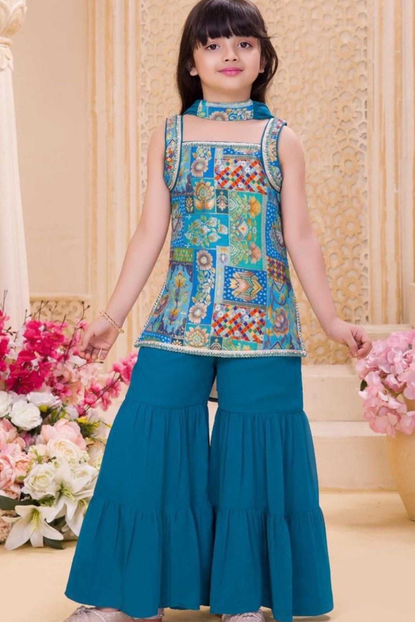 Blue Embroidered Sharara Set with Dupatta For Girls