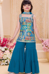 Blue Embroidered Sharara Set with Dupatta For Girls