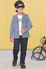 Grey Overcoat With White T-shirt And Pant Set For Boys