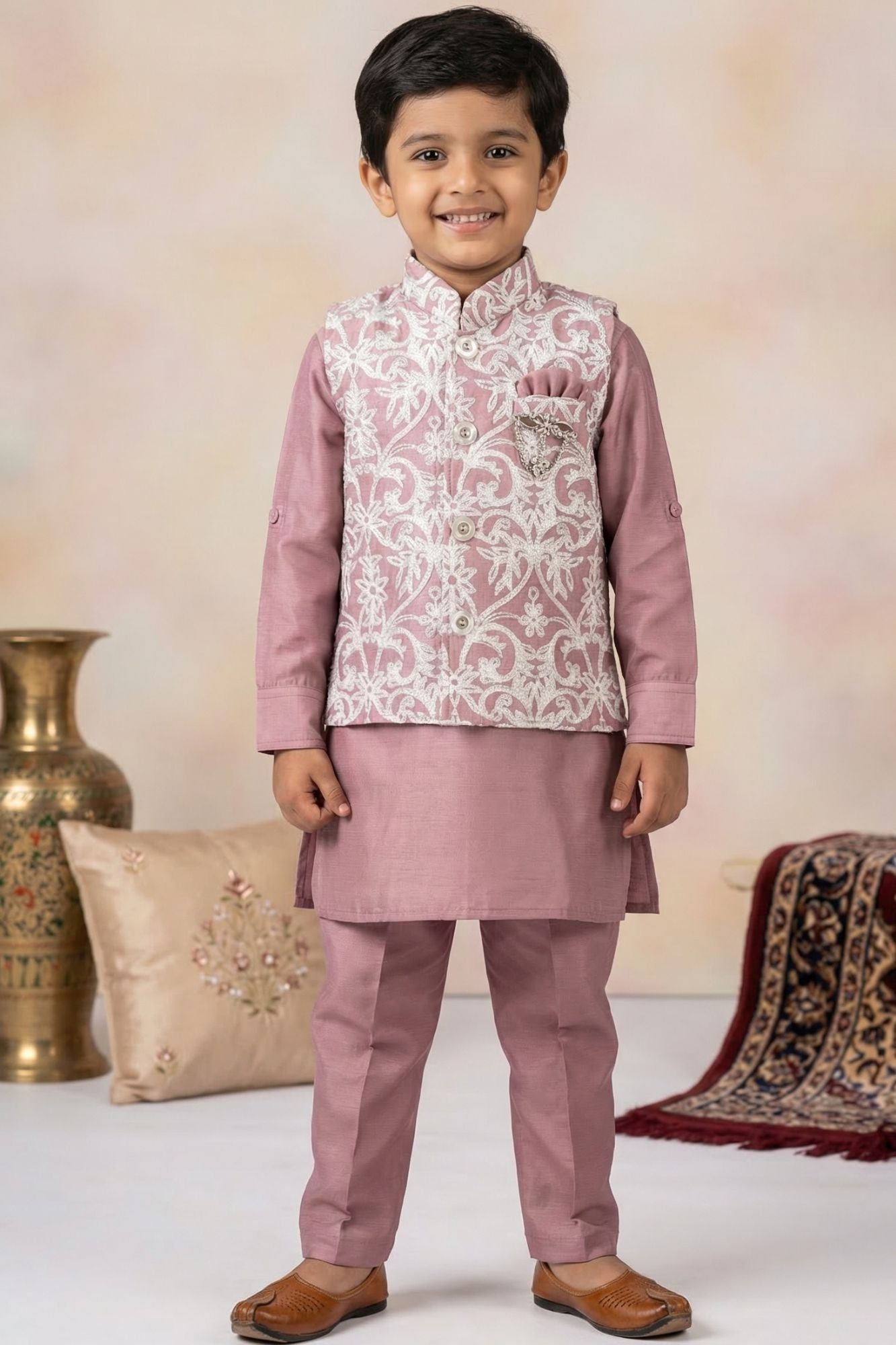 Onion Pink Kurta Pyjama Set With Embroidered Nehru Jacket For Boys
