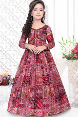 Elegant Wine Printed Gown With Sequin Work For Girls