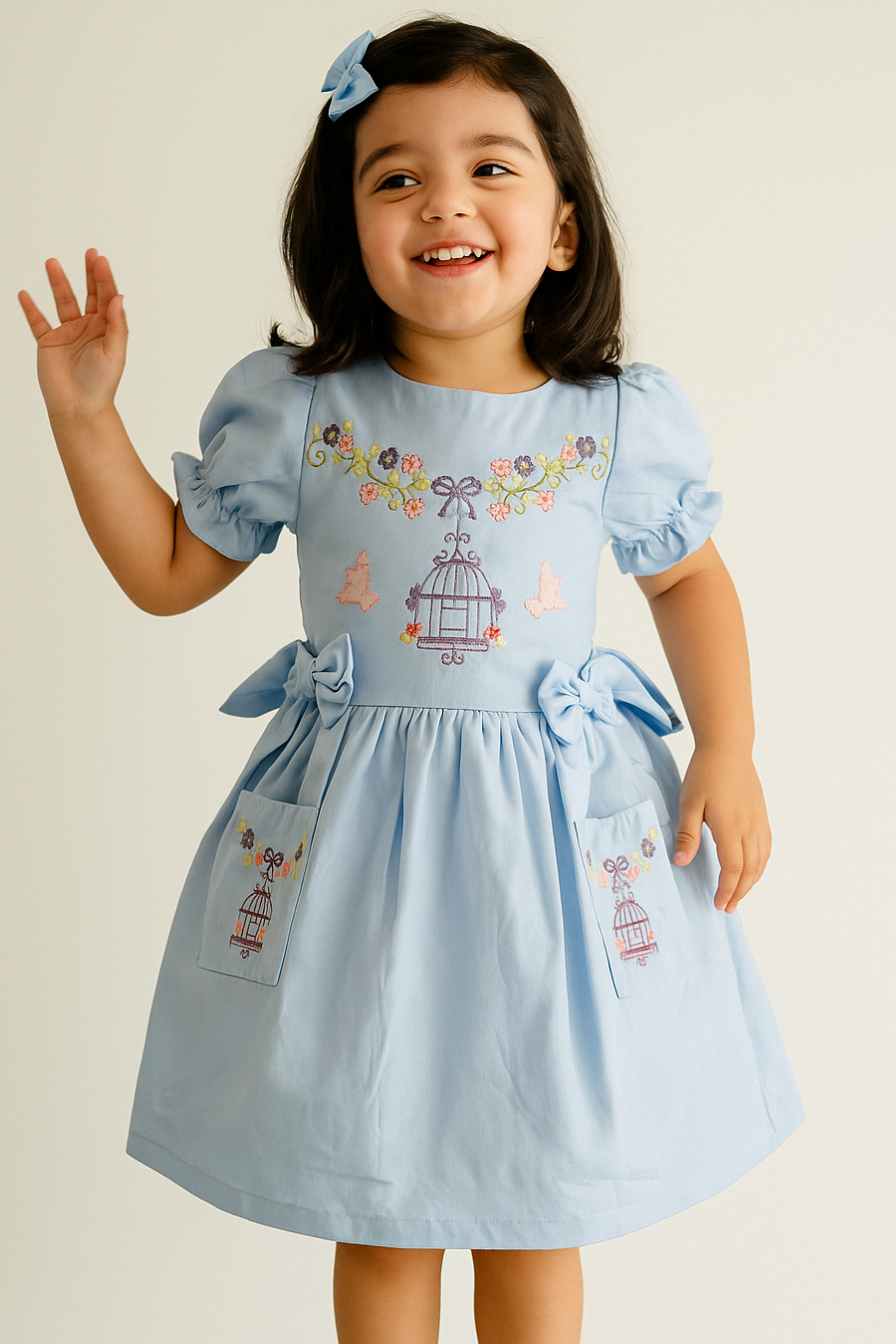 Light Blue Embroidered Cotton Dress for Girls