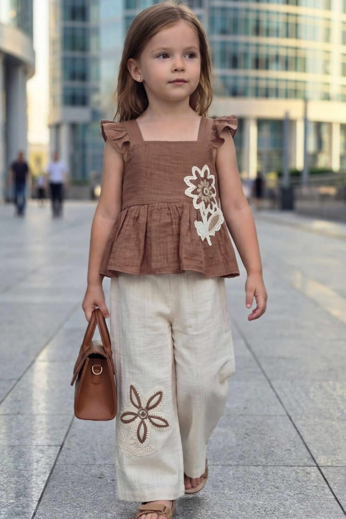 Girls Brown Stylish Peplum Top And Cream Pant Co-Ord Set