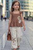 Girls Brown Stylish Peplum Top And Cream Pant Co-Ord Set