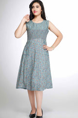 Blue Floral Printed Casual Wear Frock For Girls