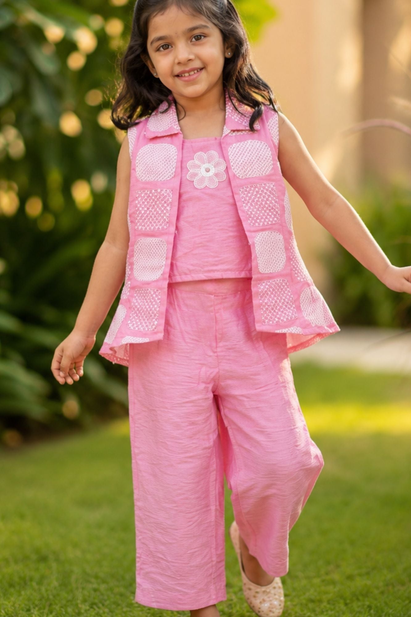 Girls Pink Printed Waistcoat Co-Ord Set with Inner Top And Wide-Leg Pants