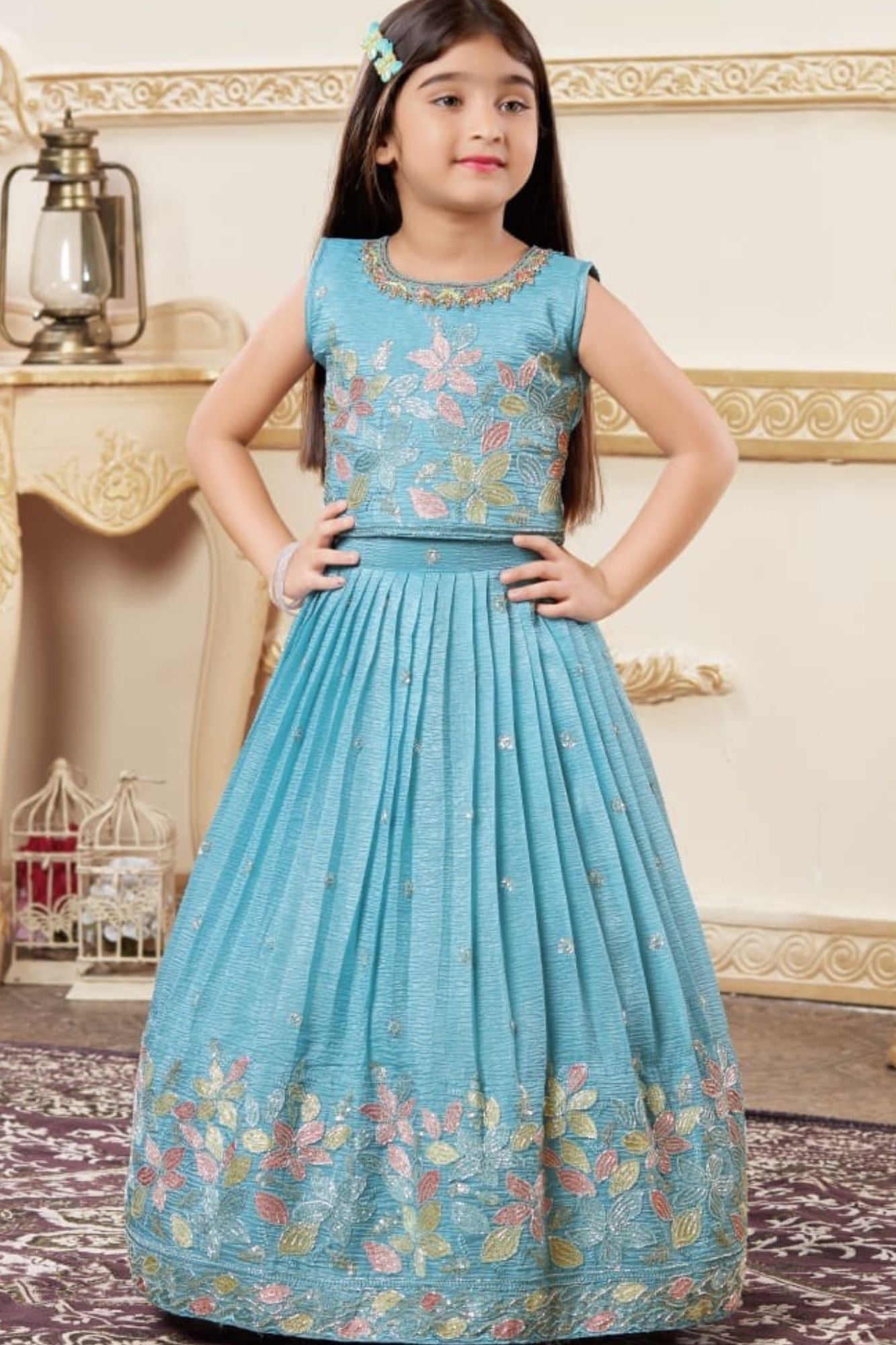 Sky Blue Embroidered Lehenga Choli Set with Floral Thread Work For Girls