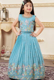 Sky Blue Embroidered Lehenga Choli Set with Floral Thread Work For Girls