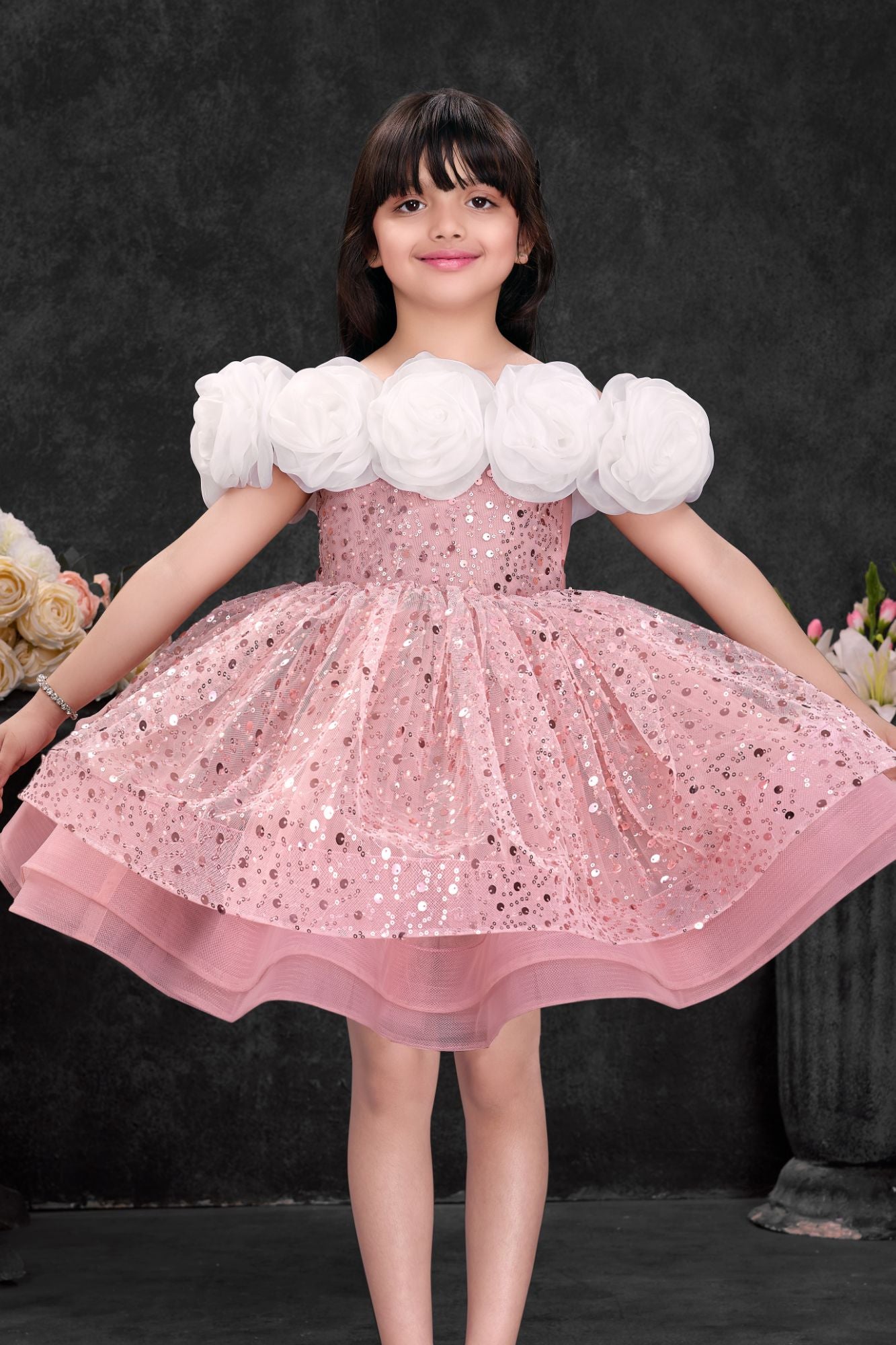 Blush Pink Sequin Party Wear Frock with 3D Floral Neckline For Girls